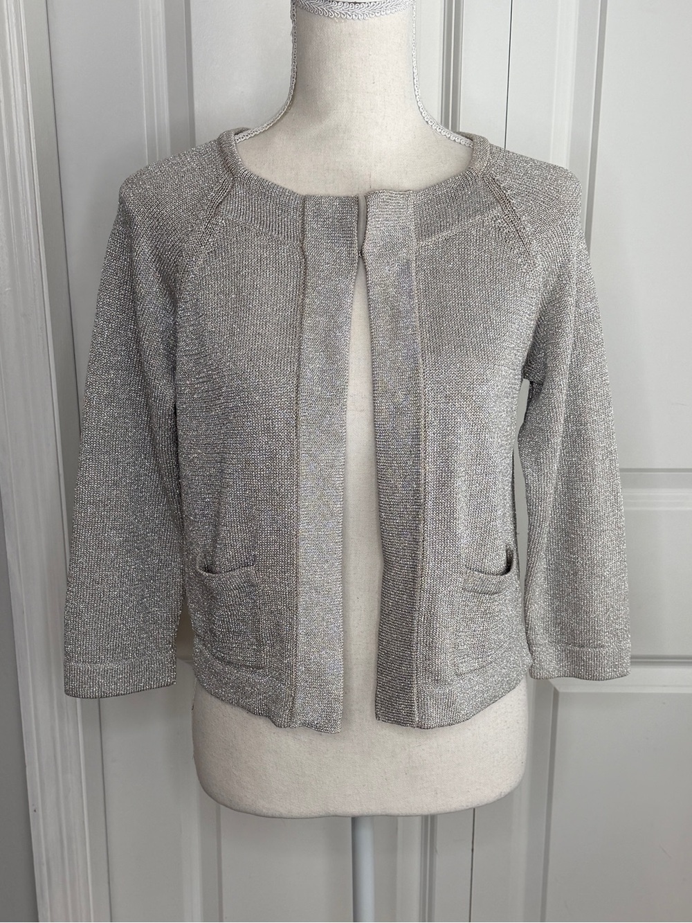 Talbots Silver Metallic Open Front Cropped Shrug Cardigan Sweater XS Sparkly